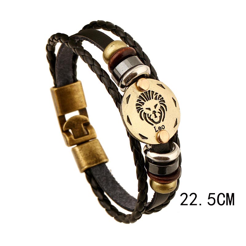 Bracelet à breloques en cuir hématite avec 12 constellations du zodiaque