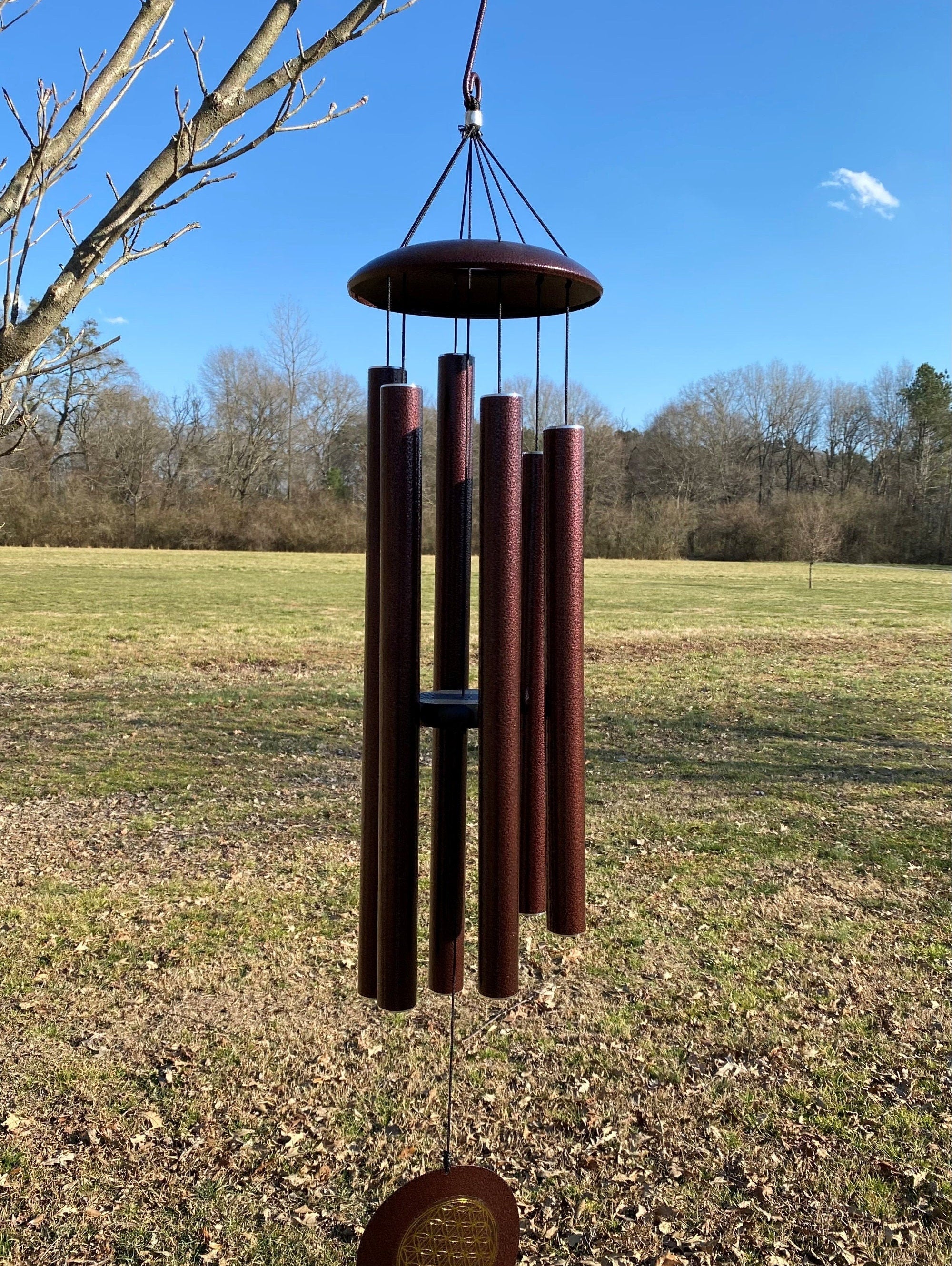 Large Deep Tone Bronze Wind Chimes with Brown Metal Tubes and Circular Top Piece