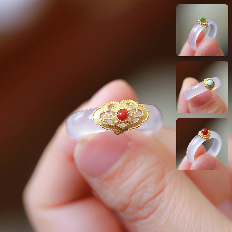 Cyan Jade & Red Agate Luck Protection Ring | Agate Rings