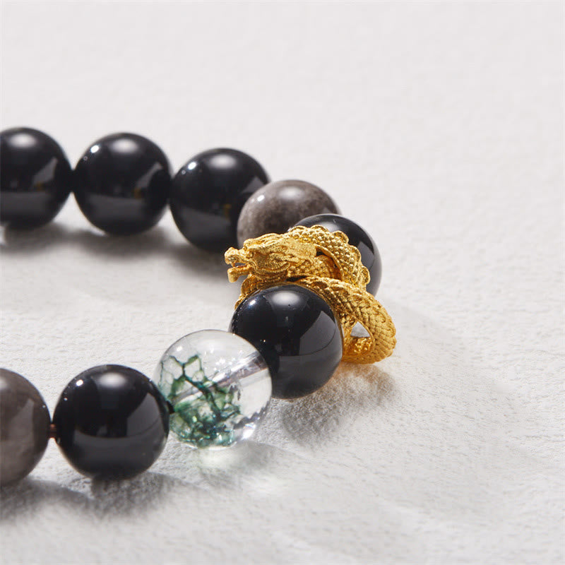 Bracelet de protection dragon en obsidienne argentée brillante 12 mm
