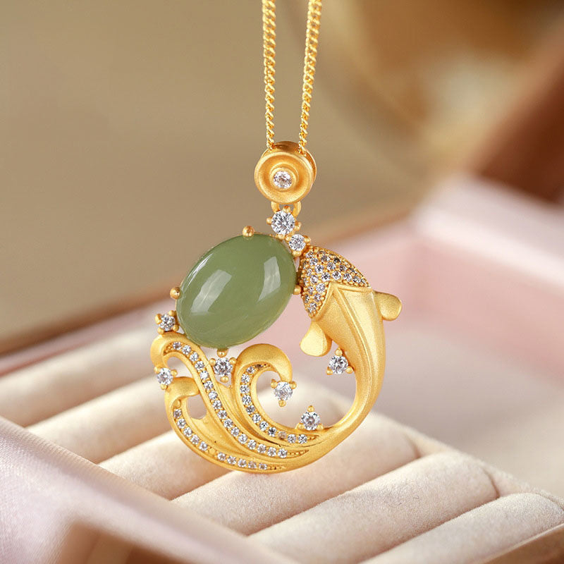 Collier de guérison en jade cyan avec poisson koï 40+5 cm unisexe
