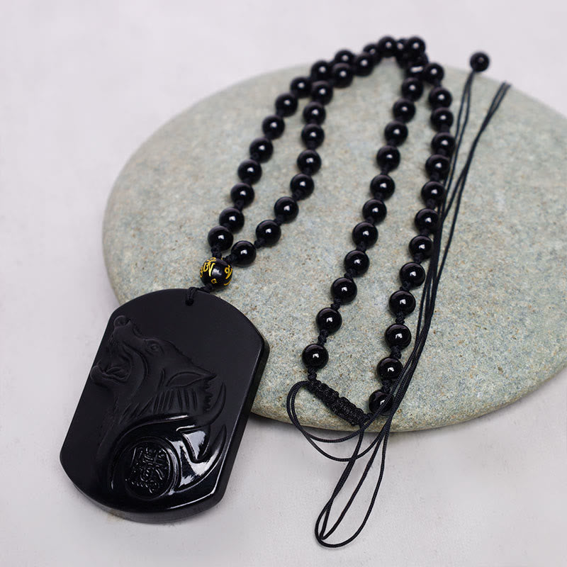 Collier pendentif de purification du loup en obsidienne noire