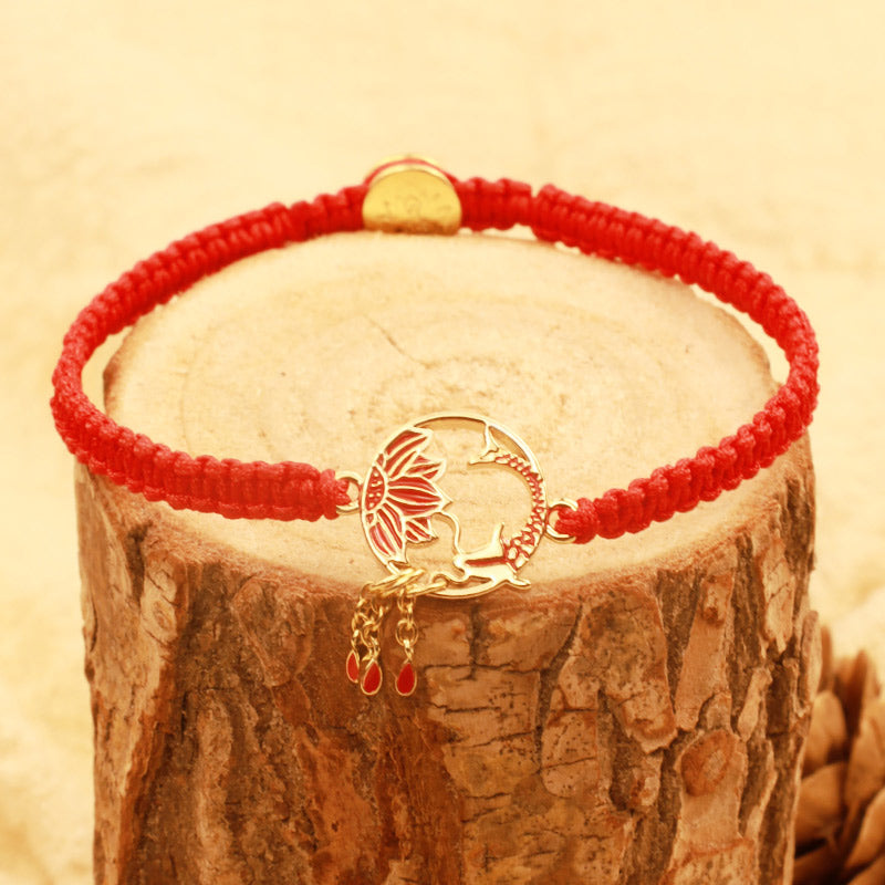 Bracelet porte-bonheur unisexe en fil rouge motif poisson koi et lotus