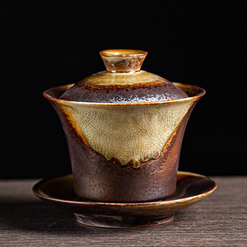 Tasse à thé Gaiwan Sancai en céramique marron vintage avec couvercle