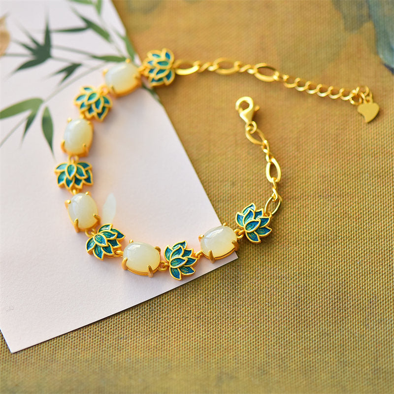 Bracelet de protection en jade blanc et jade cyan, symbole du lotus