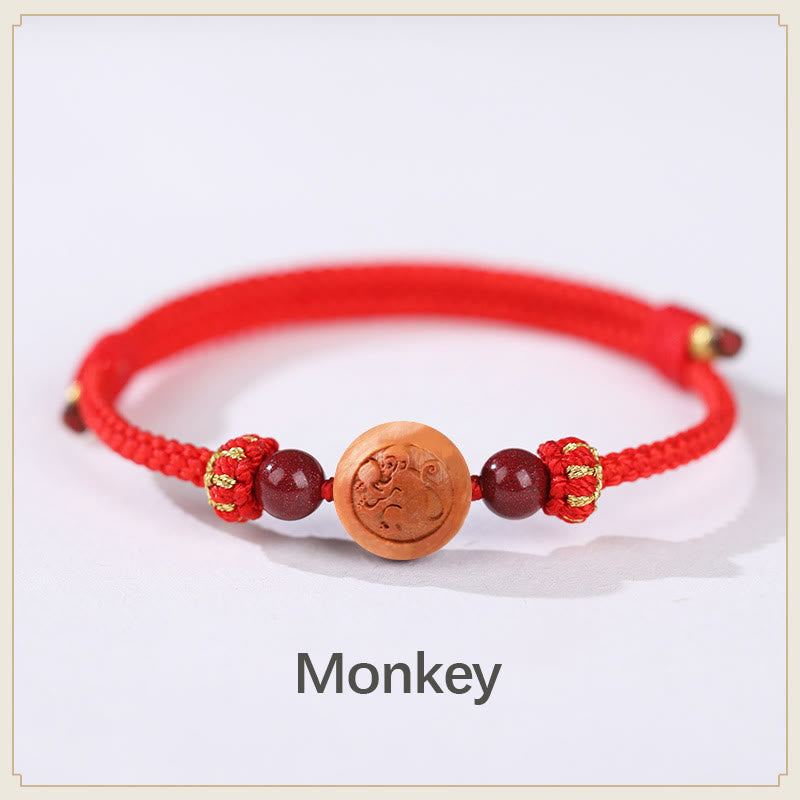 Bracelet de richesse en bois de pêcher naturel avec symbole du zodiaque chinois Fu et cinabre