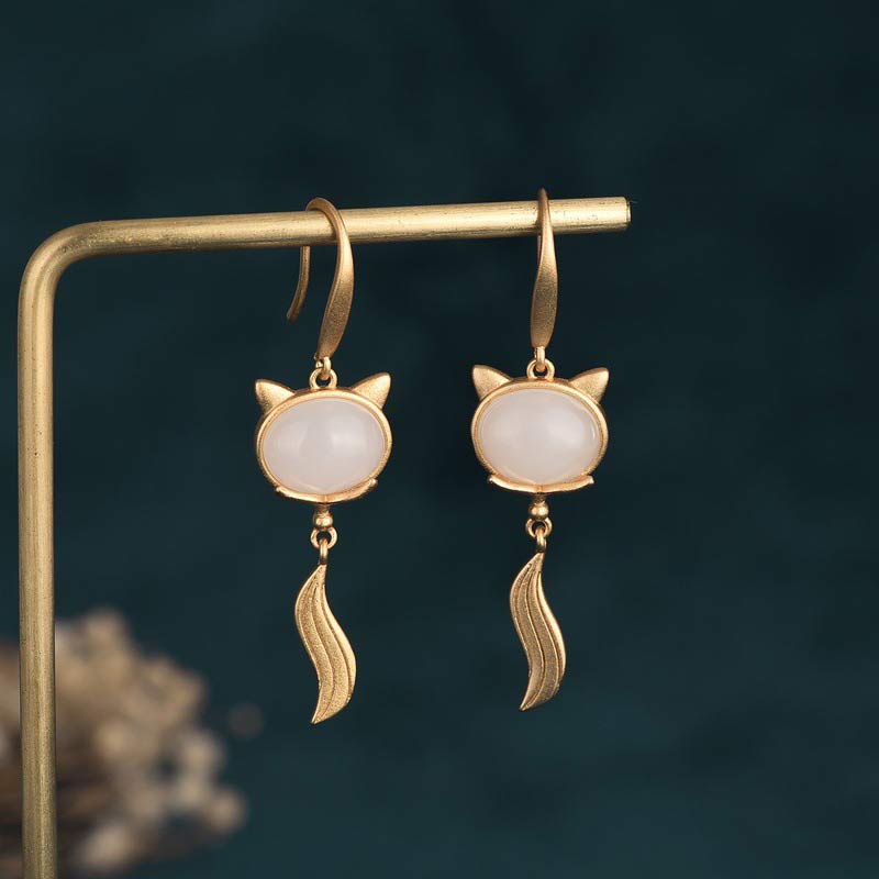 Boucles d'oreilles Feng Shui en jade blanc renard porte-bonheur, 45 mm