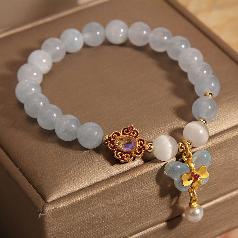 Aquamarine Bracelet with Cat's Eye and Butterfly Pearl Charm for Healing