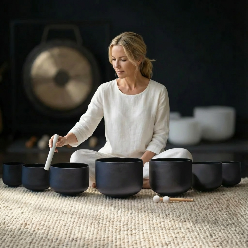 Ensemble de 7 bols chantants en cristal noir pour bain sonore