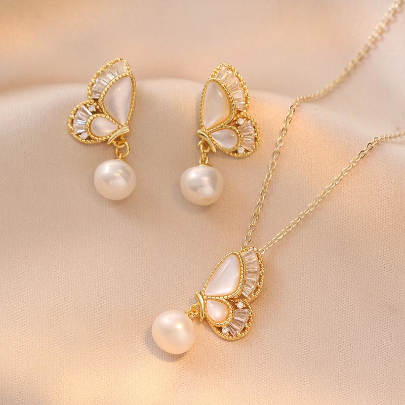 Tridacna Stone Pearl Butterfly Healing Jewelry Set