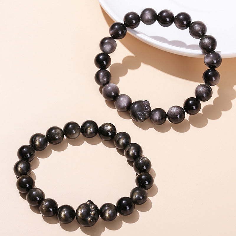 Bracelet de communication en obsidienne argentée brillante de 8 mm