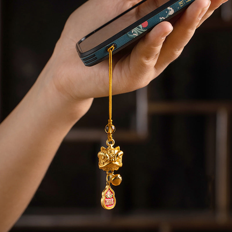Copper Dancing Lion Phone Hanging Decoration for Wealth & Peace