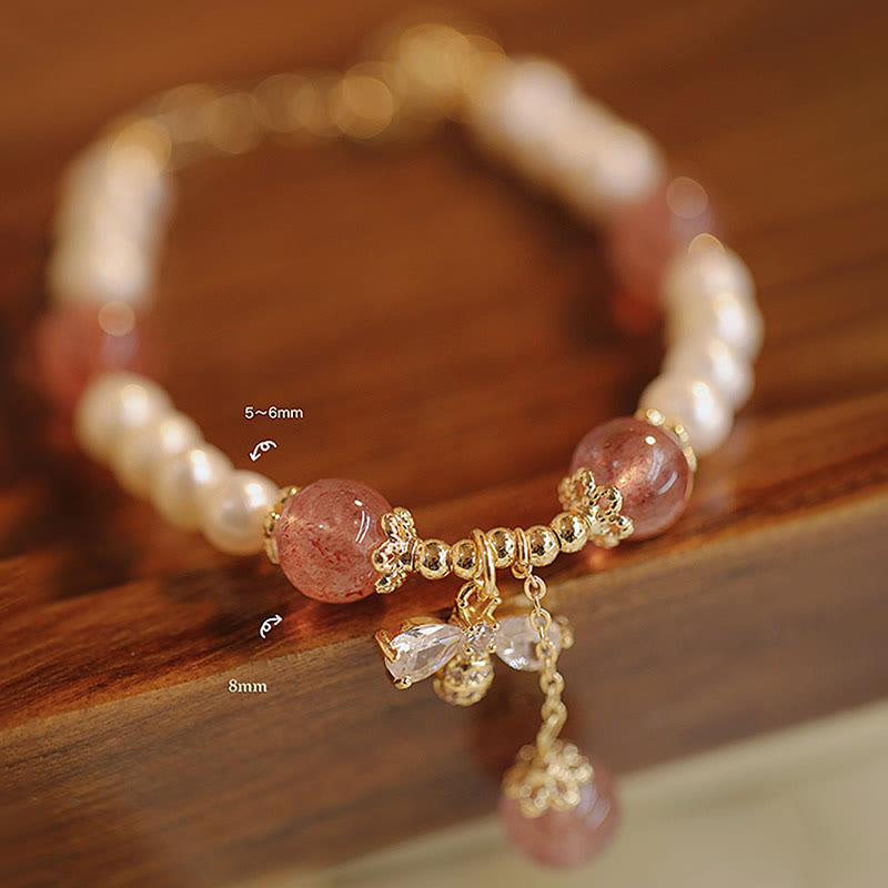 Bracelet de guérison en quartz fraise avec breloque abeille