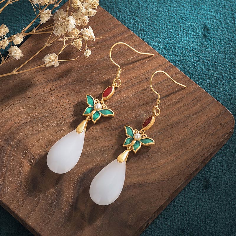 Boucles d'oreilles pendantes en jade blanc pour la protection et le bonheur