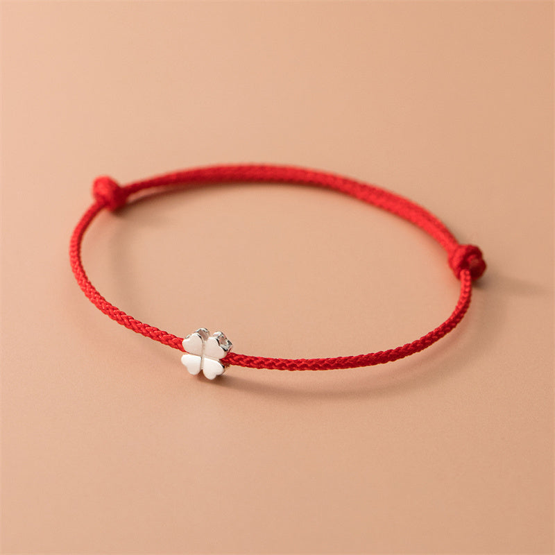 Unisex Red String 925 Silver Four Leaf Clover Bracelet