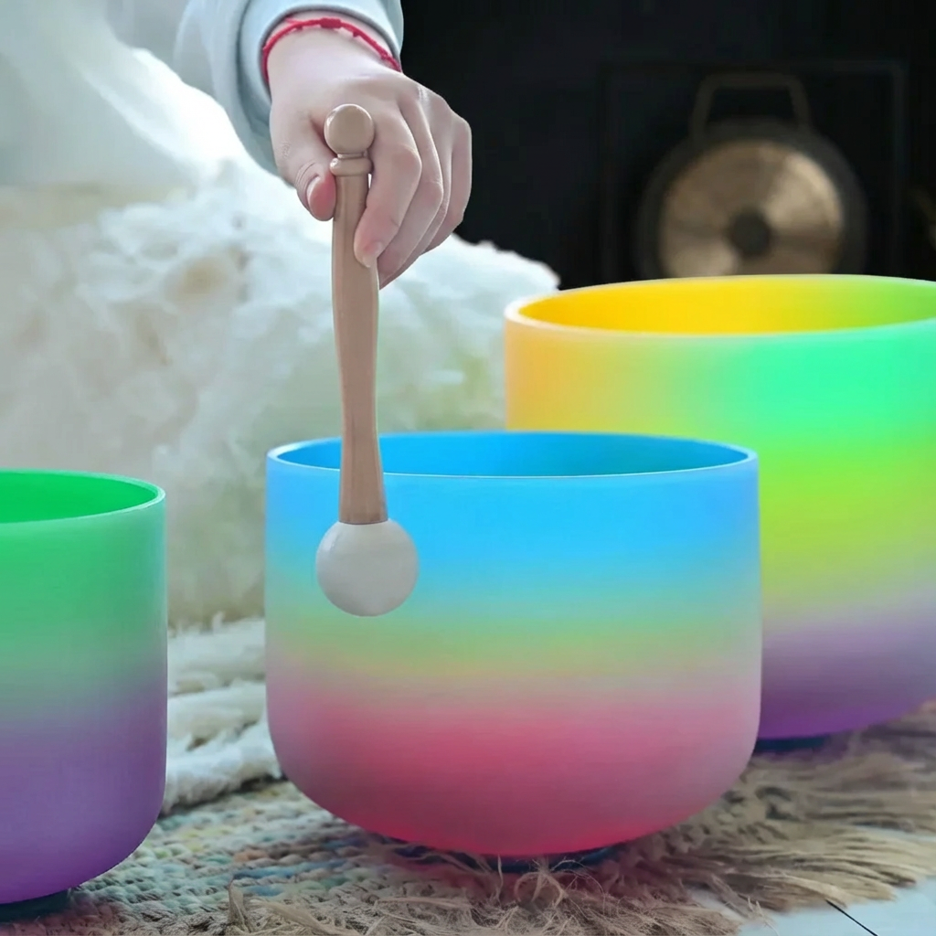 Ensemble de bols chantants en cristal de quartz givré arc-en-ciel - 7 pièces 6-14