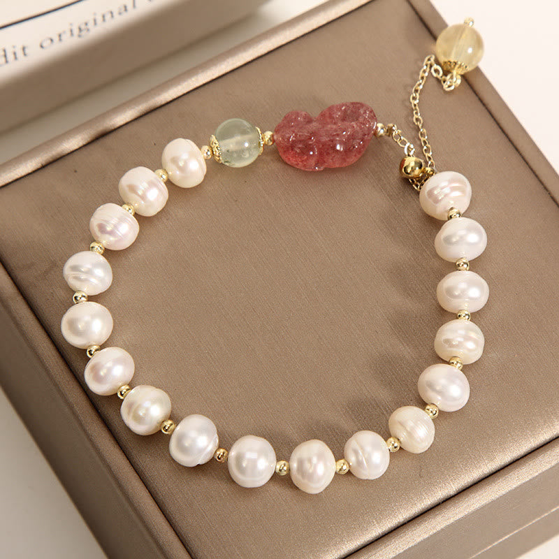 Pearl & Strawberry Quartz Pixiu Optimism Charm Bracelet