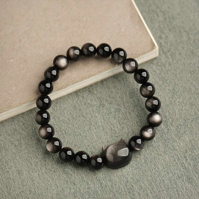 8mm Gold Sheen Obsidian Protection Bracelet with Lucky Cat Paw