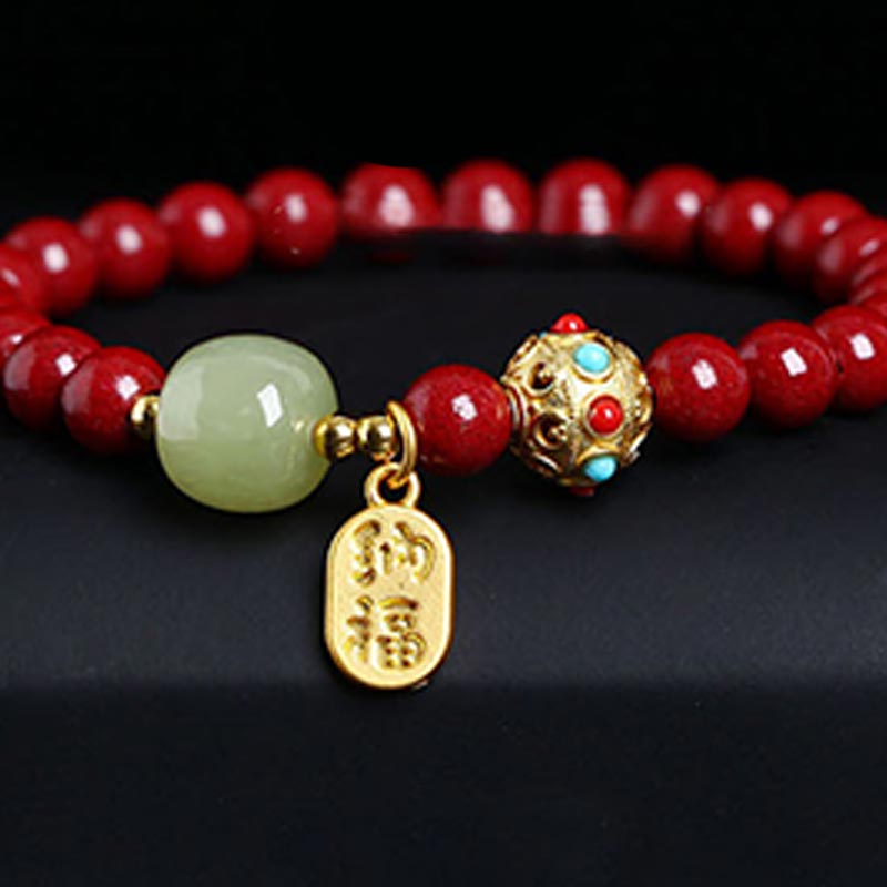 Bracelet à breloques unisexe en cinabre et aventurine verte 8 mm