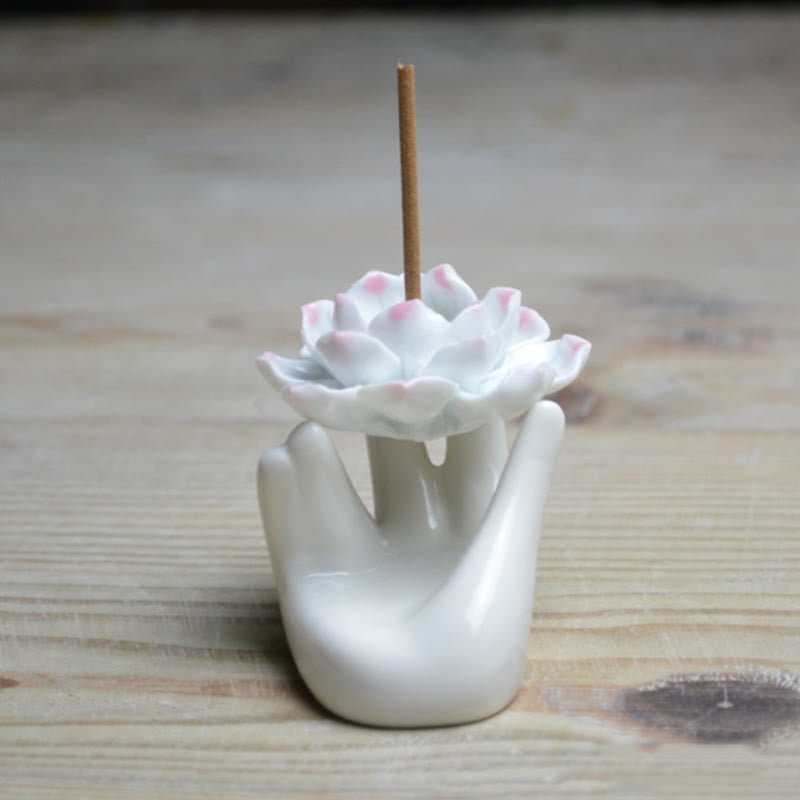 Brûleur d'encens en céramique en forme de main de lotus, 8 x 6 cm