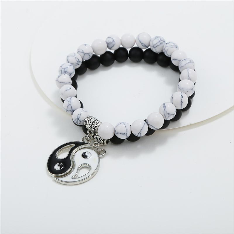 Ensemble de bracelets unisexes Yin Yang avec perles d'onyx noir et de turquoise blanche