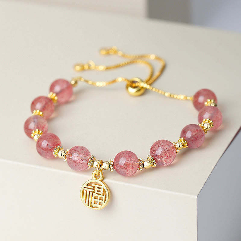 Strawberry Quartz Fu Character Spiritual Bracelet 15-18cm