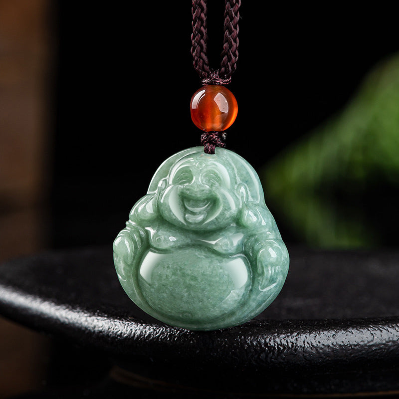 Collier Bouddha rieur en jade cyan, unisexe, 24 mm