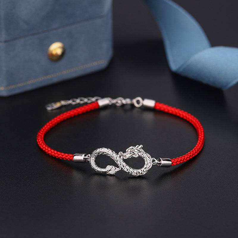999 Sterling Silver Dragon Bracelet with Endless Knot for Luck & Protection