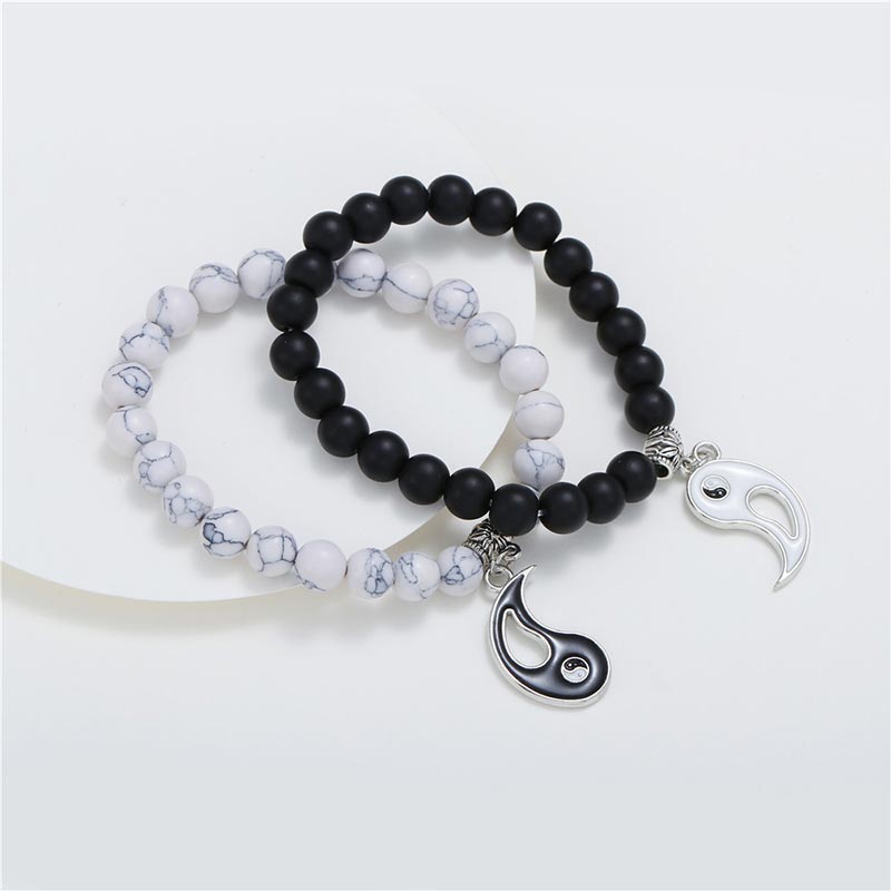 Ensemble de bracelets unisexes Yin Yang avec perles d'onyx noir et de turquoise blanche