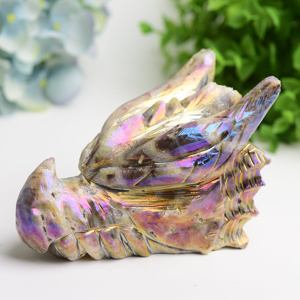 Tête de dragon sculptée en cristal Aura Druzy de 5,2 pouces