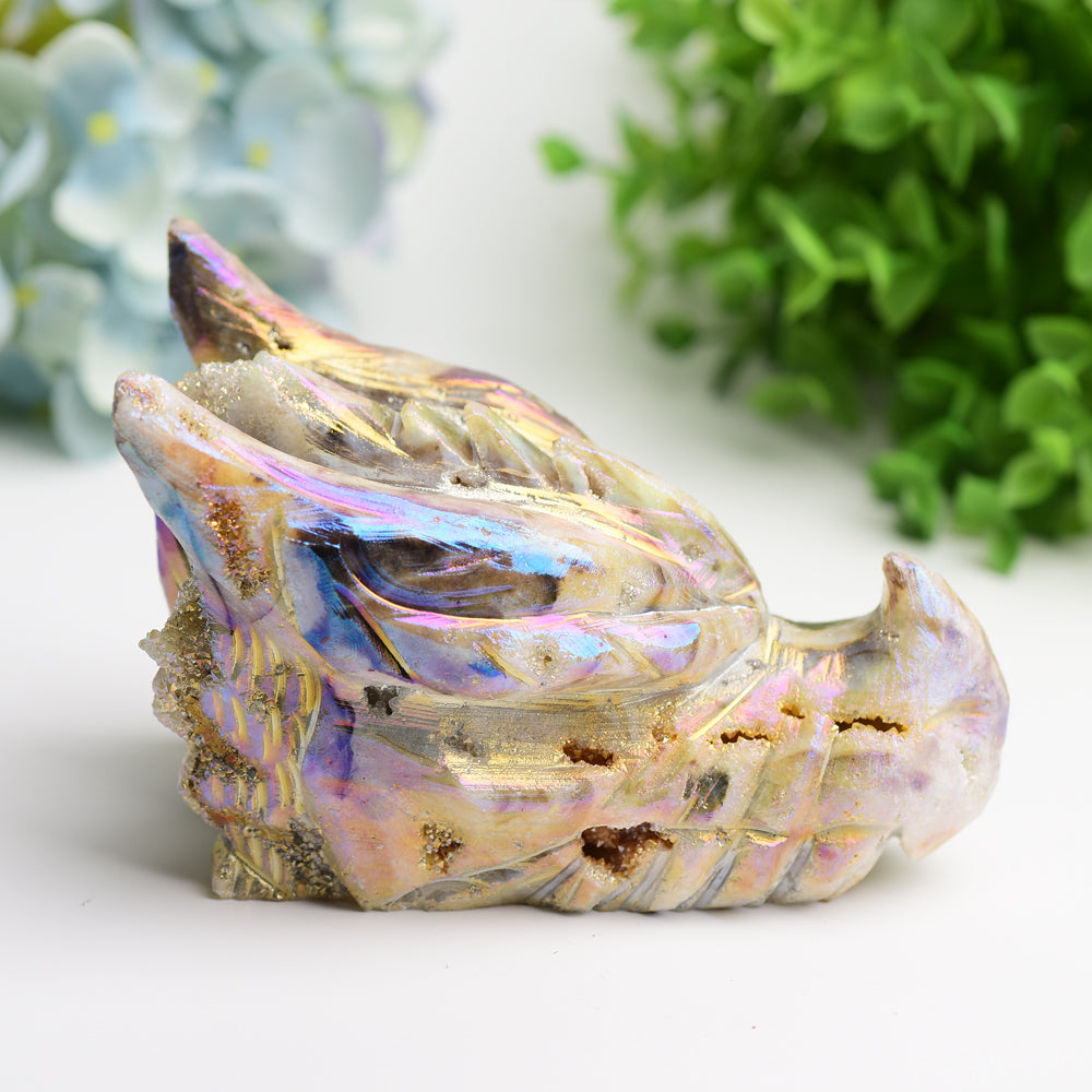Tête de dragon sculptée en cristal Aura Druzy de 5,2 pouces