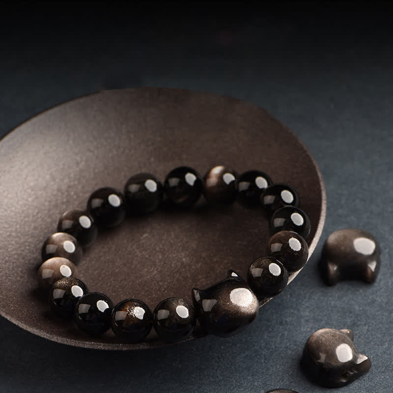 Gold Sheen Obsidian Lucky Cat Protection Bracelet 8mm