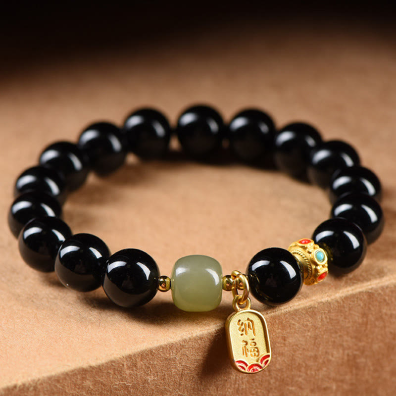 Bracelet porte-bonheur en onyx noir et jade Hetian 8 mm