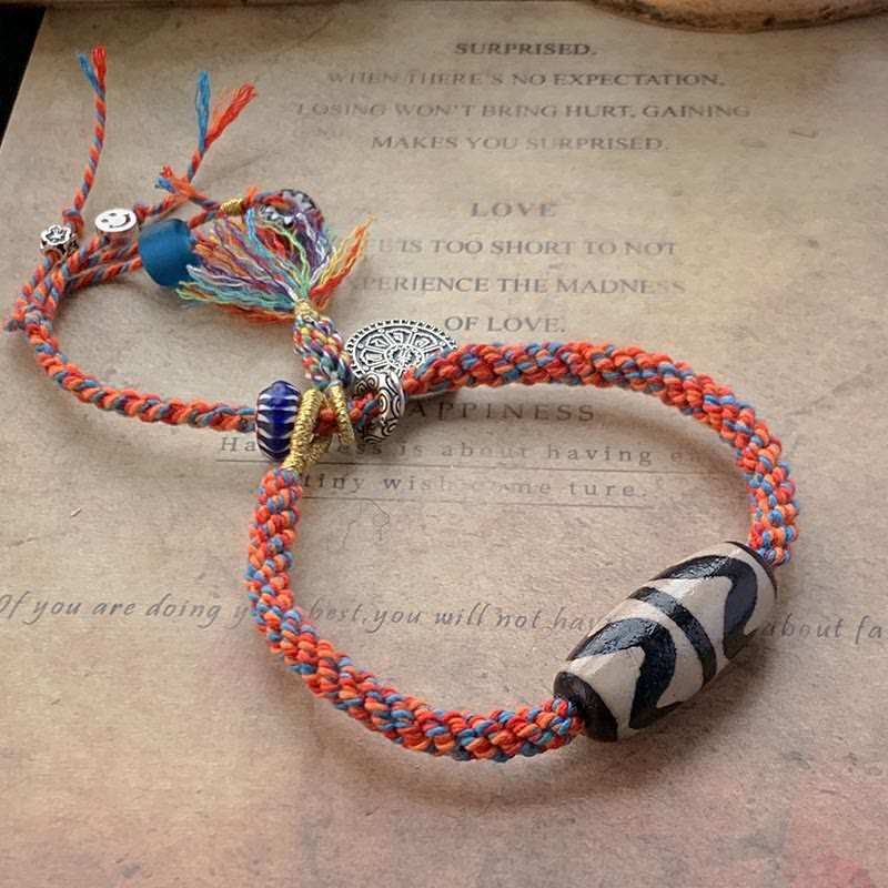 Bracelet Om Mani Padme Hum | Perles dzi tibétaines tressées en argent