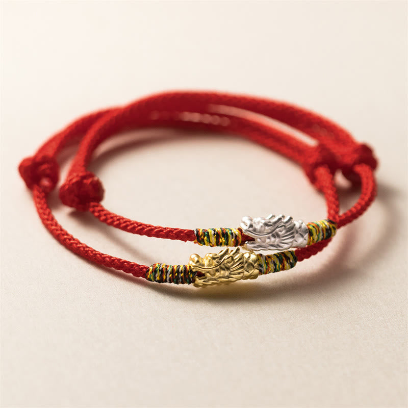 Bracelet dragon porte-bonheur en argent sterling 925 avec corde rouge