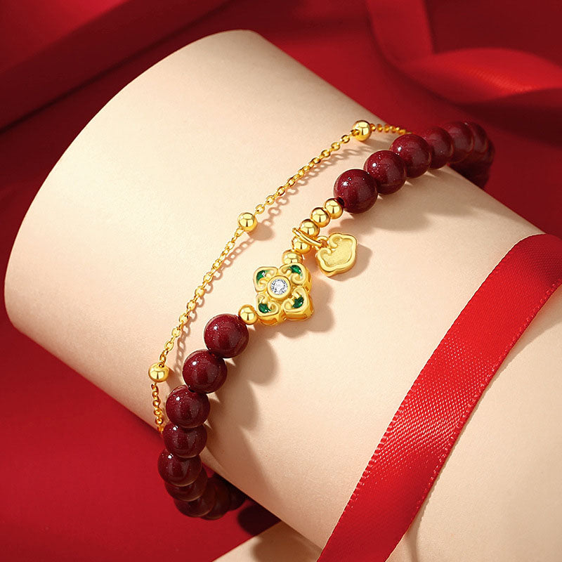 Cinnabar Four Leaf Clover Chain Bracelet in 925 Silver