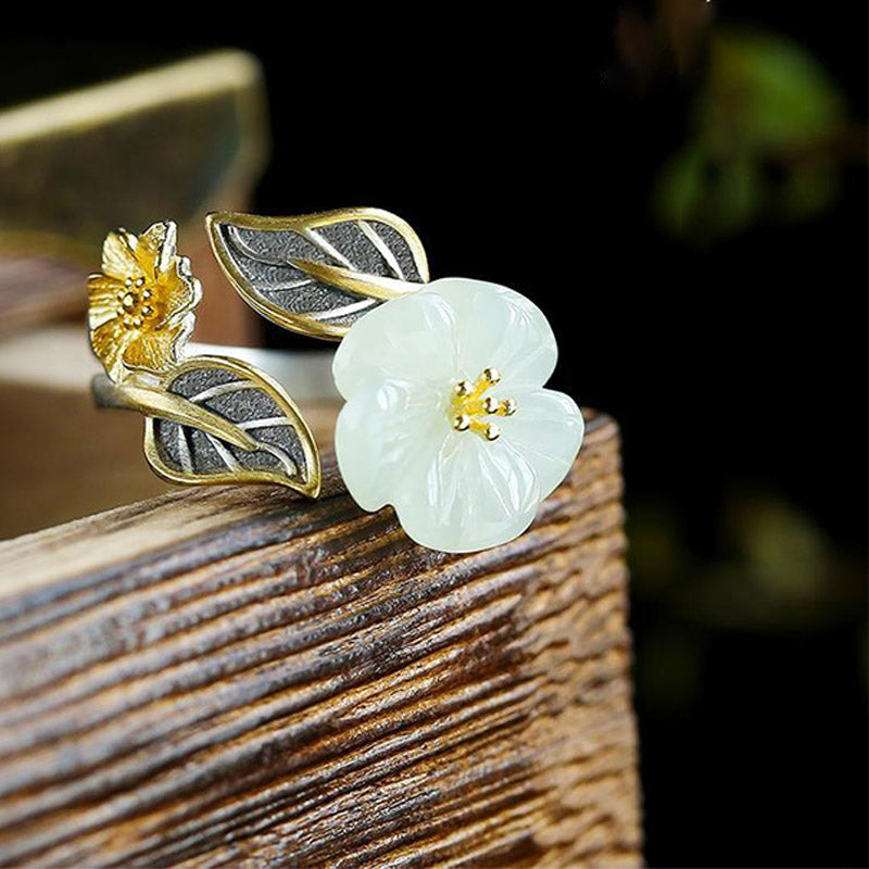 Bague porte-bonheur unisexe en jade blanc avec fleur de prunier en cuivre plaqué argent 925