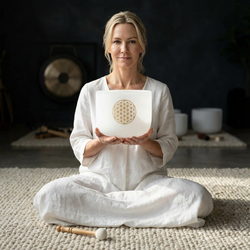 Bol en cristal givré Fleur de vie 528 Hz Note C Do aigu