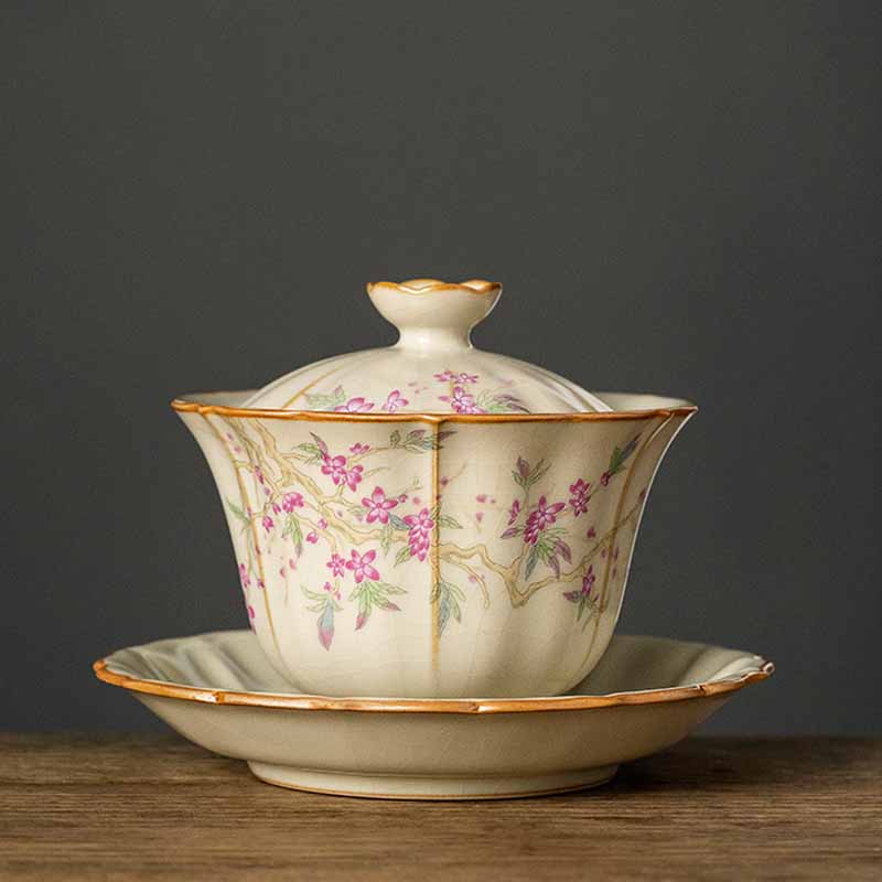 Service à thé Gaiwan en céramique beige à motif de fleurs de prunier, 120 ml
