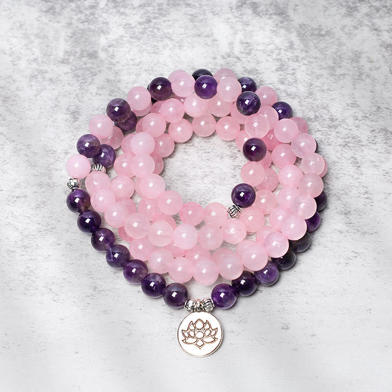 Bracelet Mala de méditation en quartz rose et améthyste de 6 mm