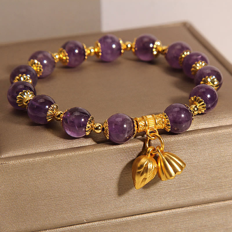Bracelet de guérison en améthyste naturelle avec lotus pour l'équilibre spirituel