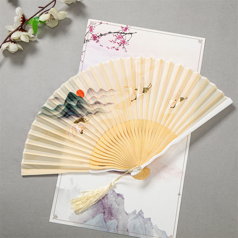 22cm Chinese Folding Silk Bamboo Fan with White Crane Design