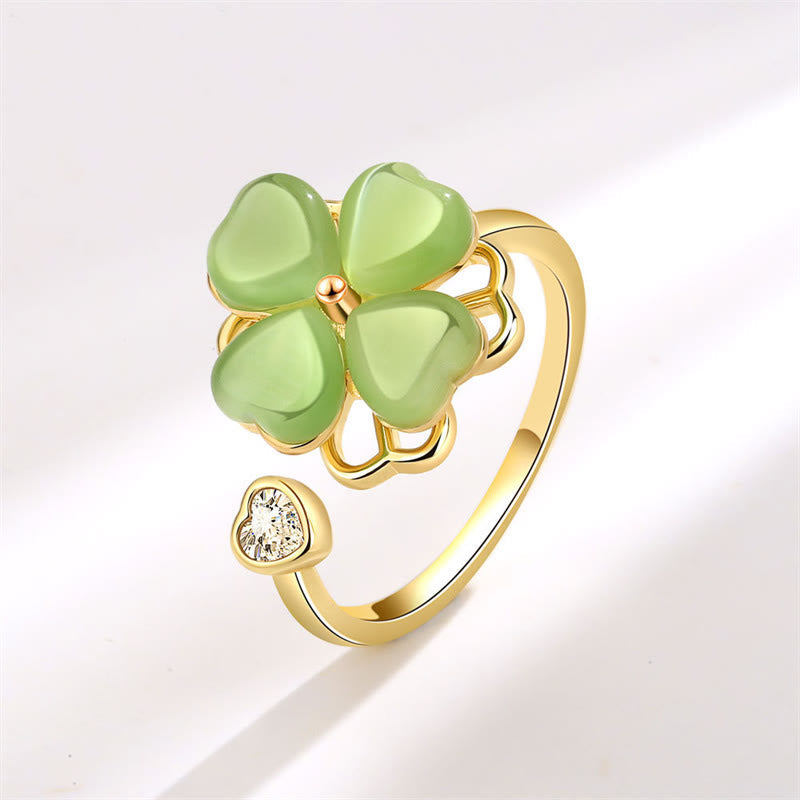 Bague œil de chat avec motif trèfle à quatre feuilles rotatif