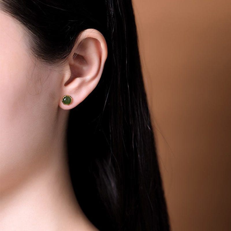 Boucles d'oreilles à tige en jade cyan de 8 mm en argent sterling plaqué or pour la chance