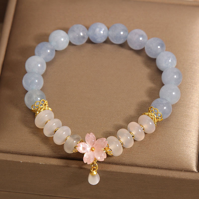 Aquamarine White Agate Flower Healing Bracelet 14cm