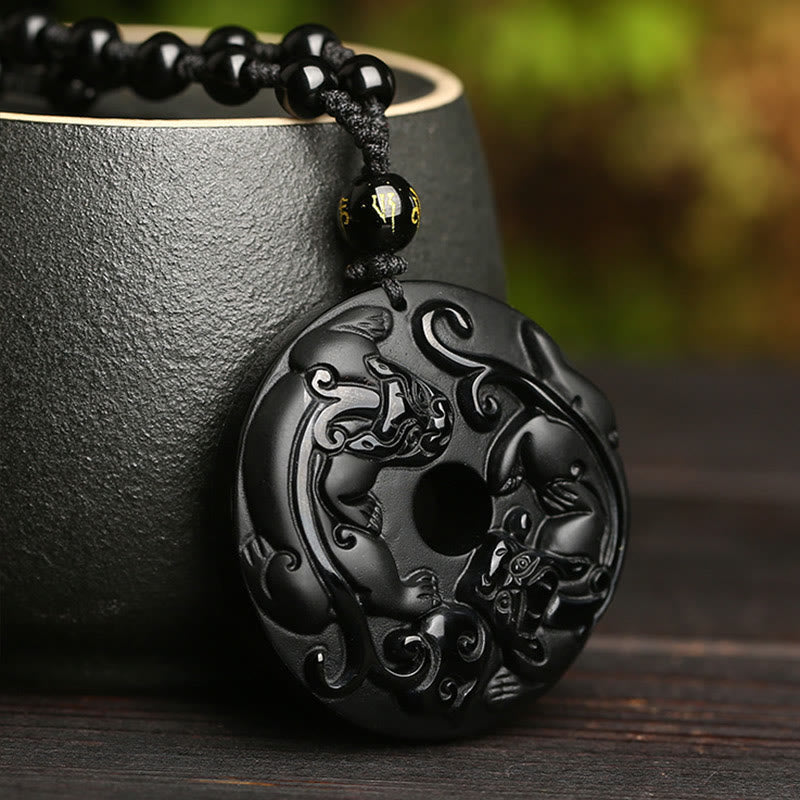 Collier de force Pixiu avec boucle de paix en obsidienne noire