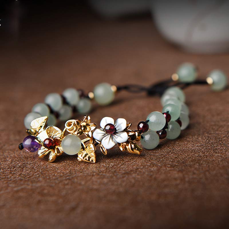 Green Aventurine & Garnet Luck Bracelet with Flower Petals