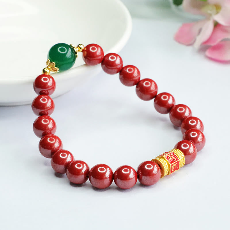 Bracelet Om Mani Padme Hum en agate verte cinabre de 8 mm