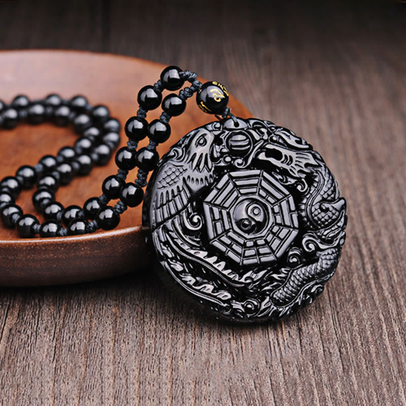 Collier pendentif en obsidienne Bagua Dragon Phoenix Accomplissement