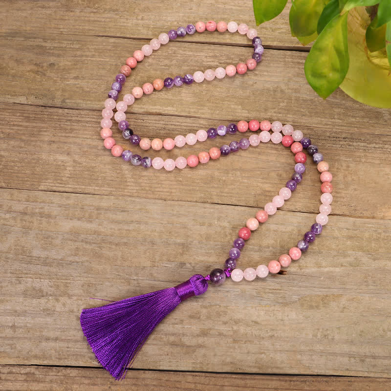 Bracelet Mala en améthyste et quartz rose, 108 perles
